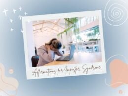 A stressed woman sits at a table with her head resting on her hand, looking at a laptop in a bright, airy workspace. The scene is framed with abstract swirls and stars, and the text "Affirmations for Imposter Syndrome" is written at the bottom in cursive.